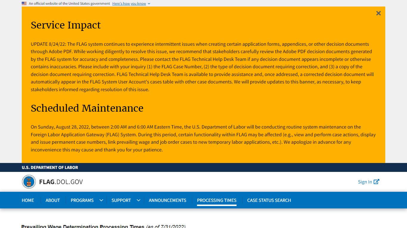 Processing Times | Flag.dol.gov